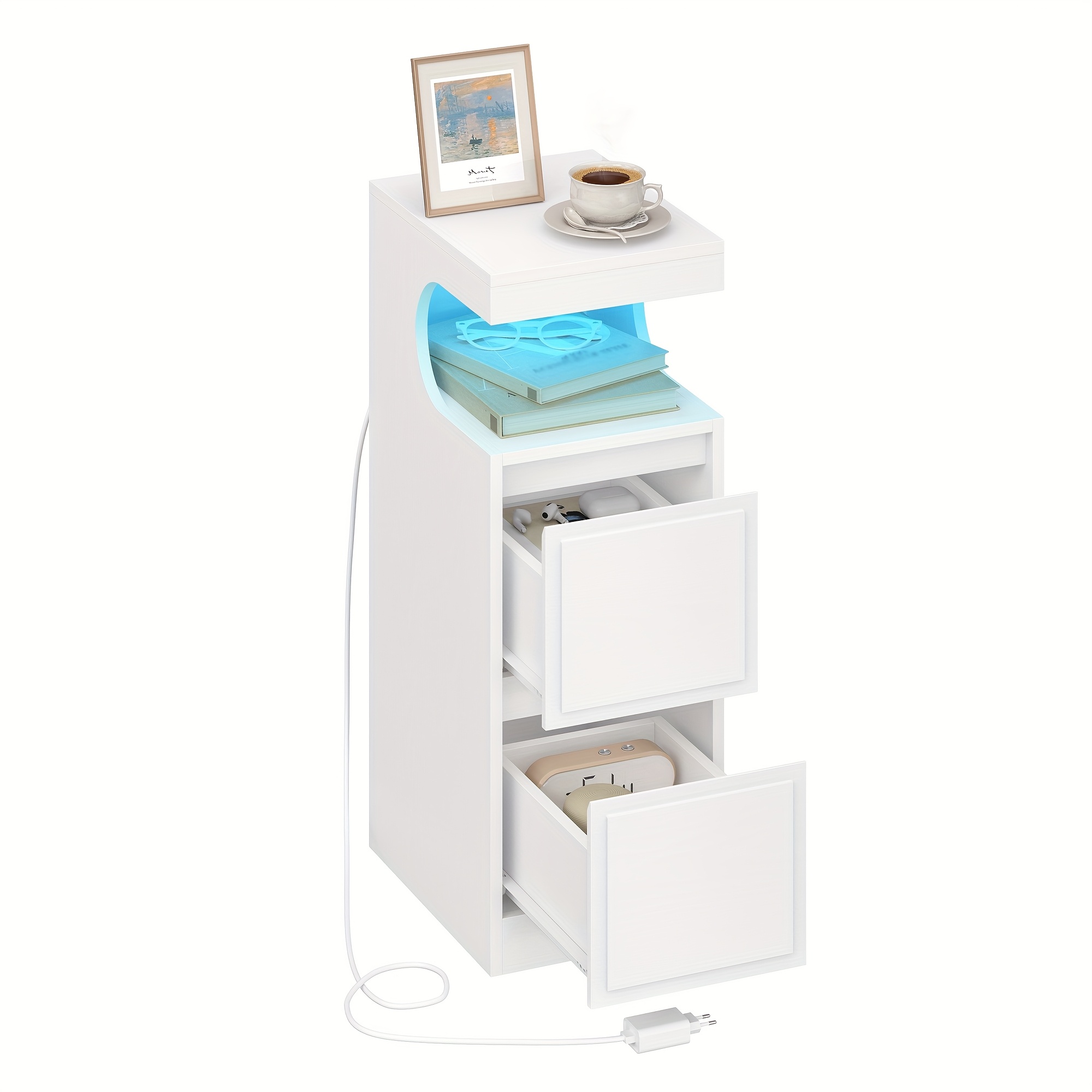 White Bedside Table Featuring Led Lights, Equipped With 2 Drawers And A U-shaped , Adjustable Lighting, Suitable For The Bedroom Or Living Room, Measuring 30 X 24 Cm
