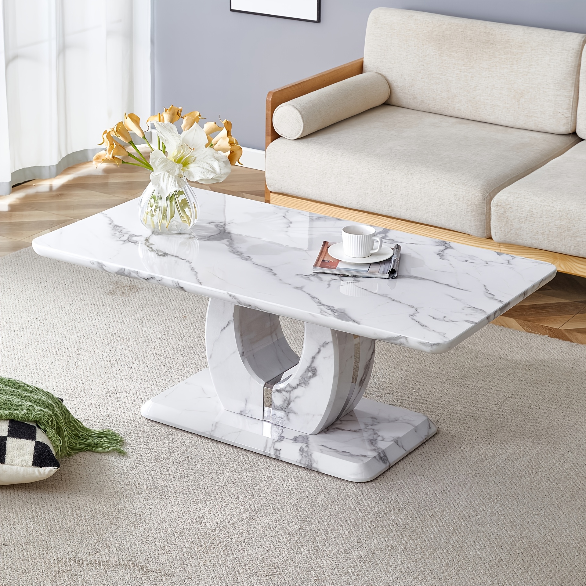 Contemporary Minimalist Rectangular Coffee Table Featuring a White Faux Marble Design, a Spacious And Adaptable Piece for The Living Room, Perfect As a Central Tea Table Or Accent Furniture, Ideal for Various Settings, And Easy to Assemble