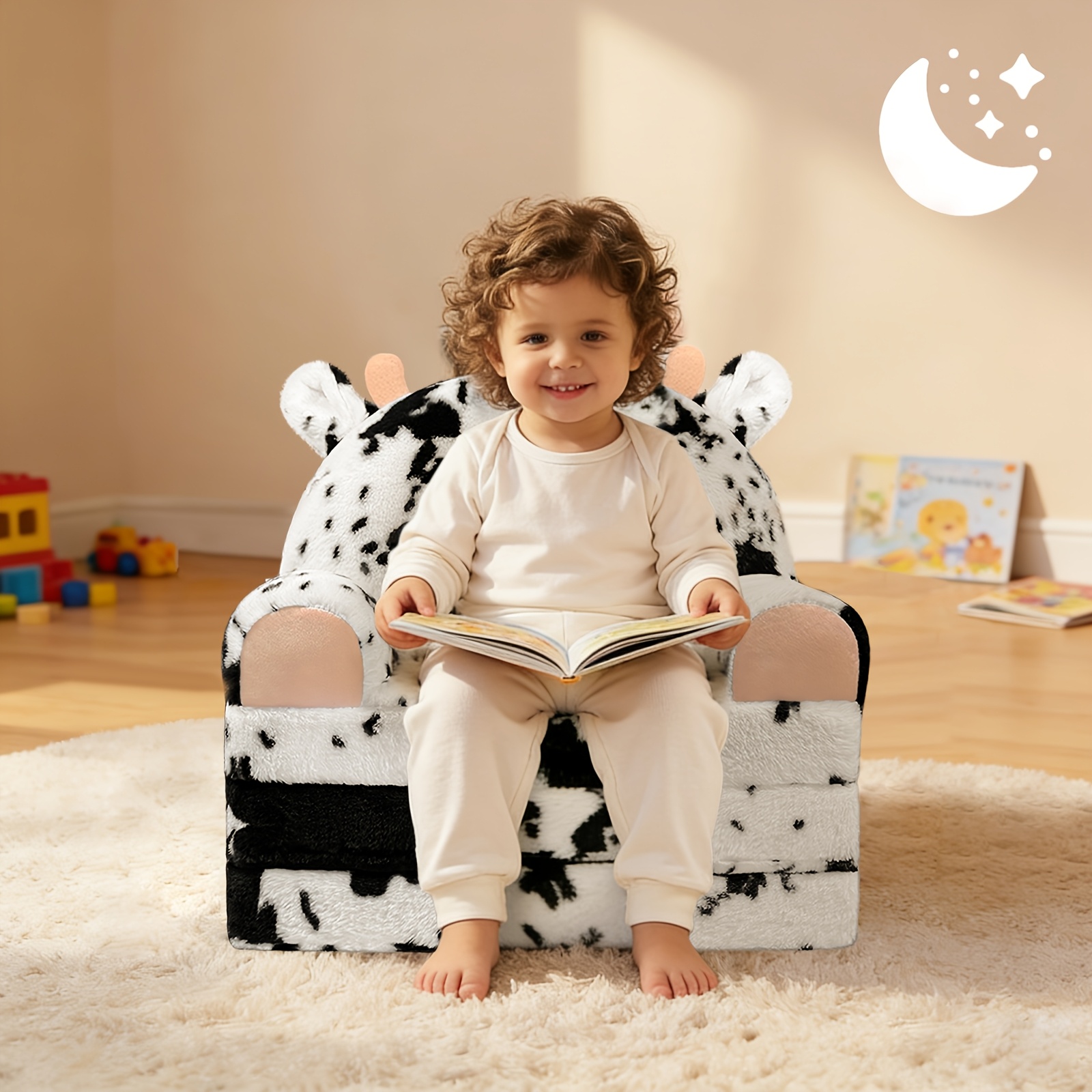 Kids Chair Plush with Removable Cover, Kids Sofa to Lounger, Kids Couch for Kids Over 18 Months, Toddler Recliners for Kids (Cow)