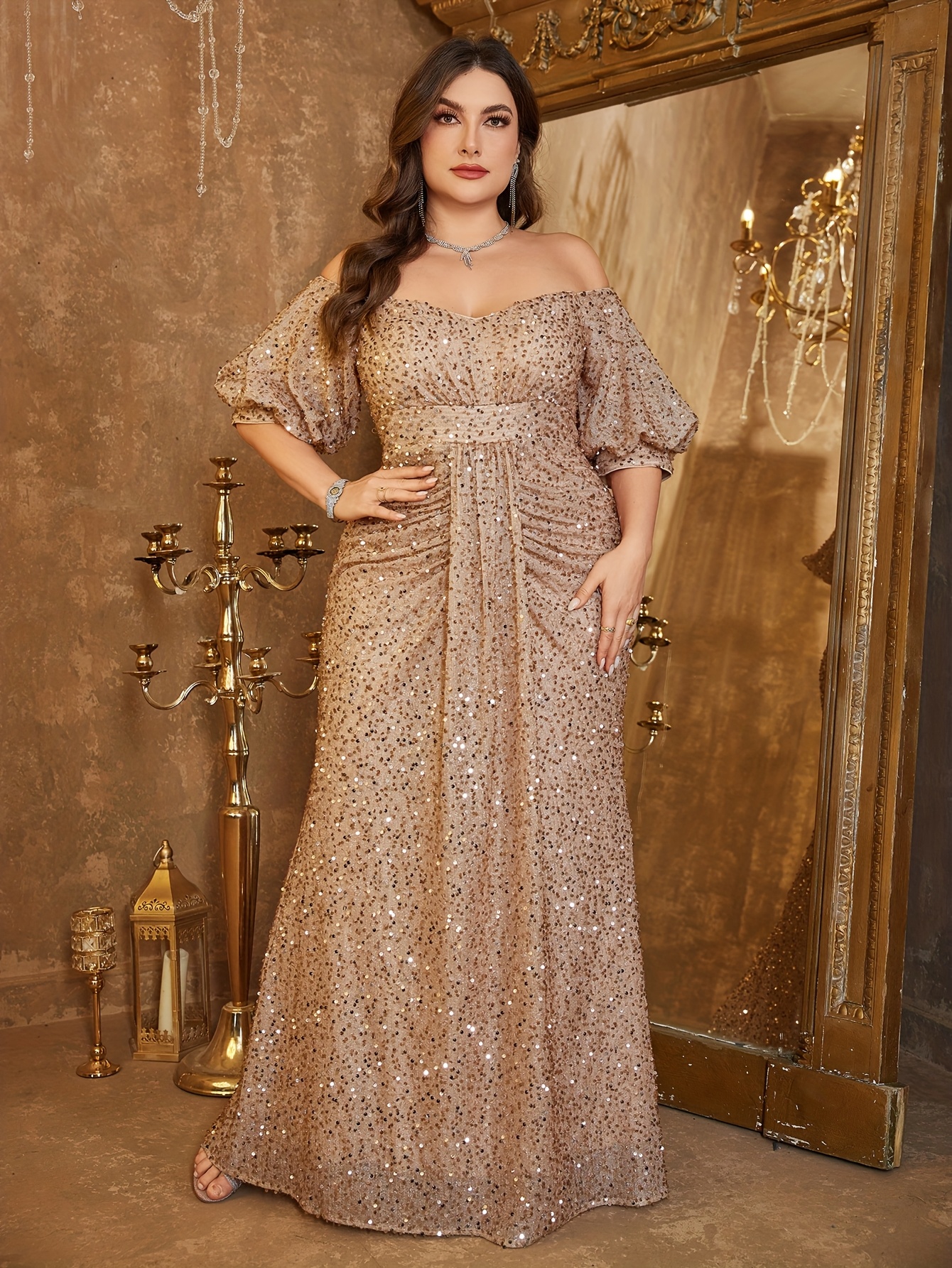 Plus Size Women's Elegant V-Neck Sequin Long Evening Gown with Ruched Waist  Chest Padding Fitted Formal Party Wedding Dress, Super Long Hand Wash