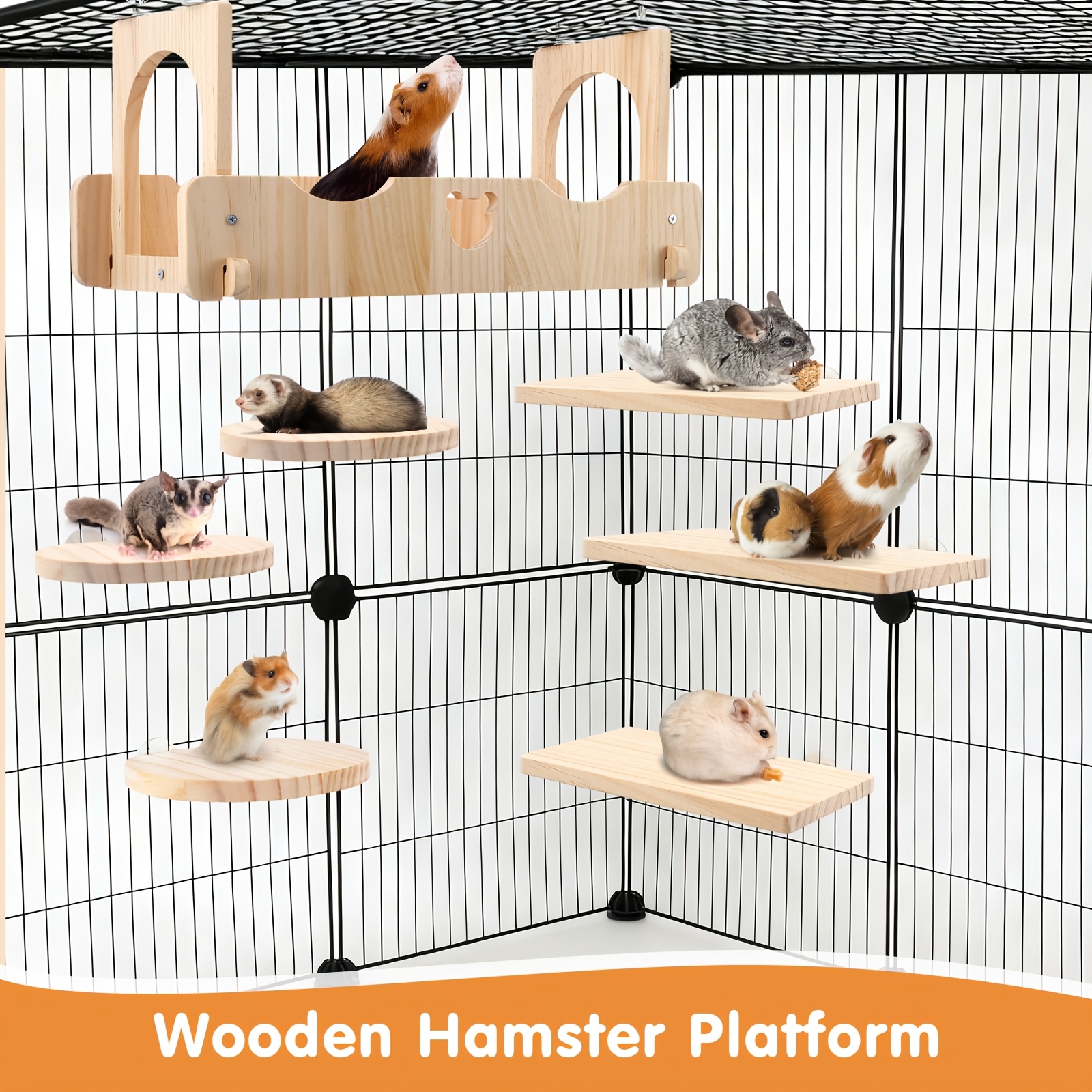 Wooden Hamster Platform Hammock Set with Suspension Bridge