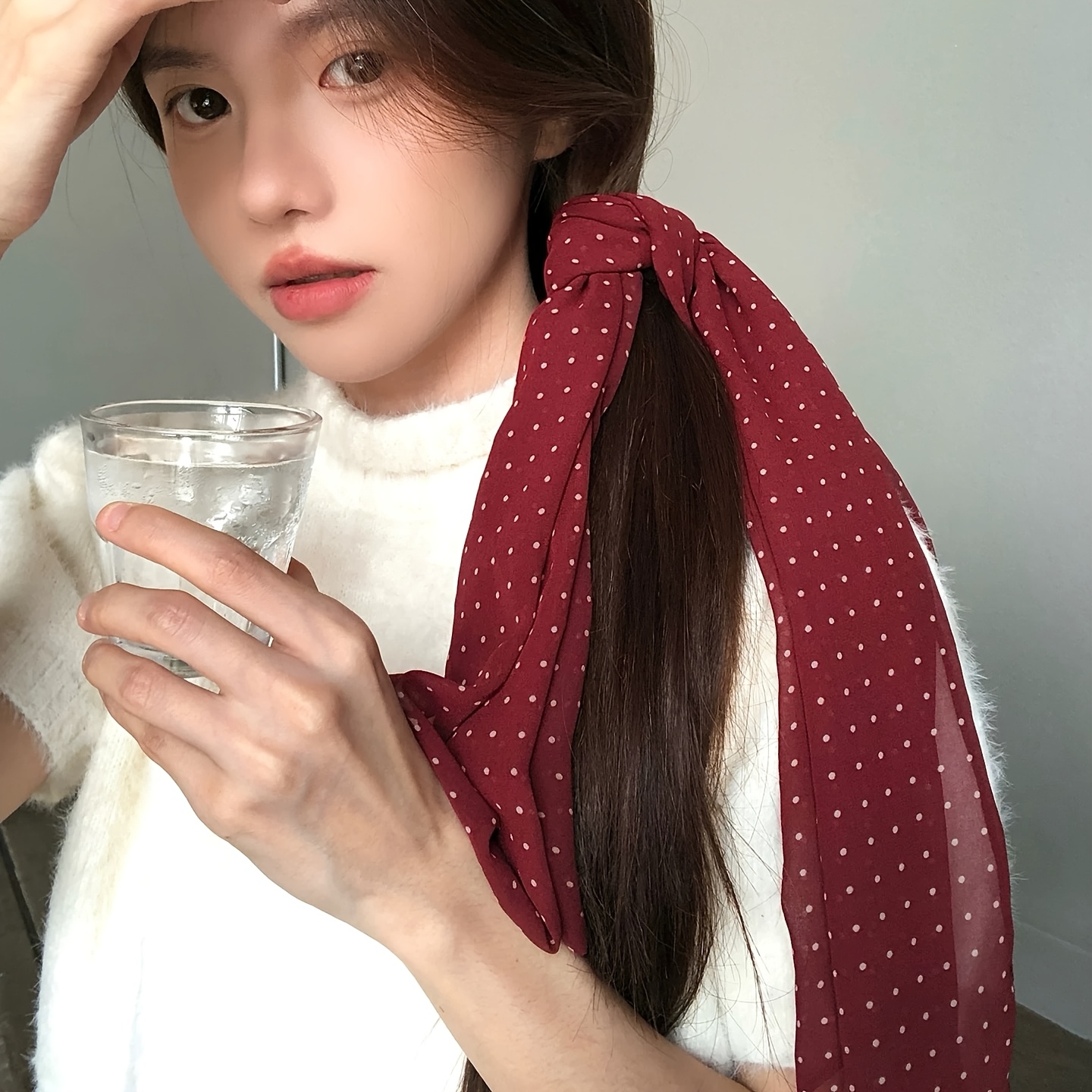 TEMU New Wine Red High-end Temperament Polka Dot Scarf For Women, Vintage Style Neck Scarf, Long Fringed Streamer Scarf, Thin Versatile Shawl