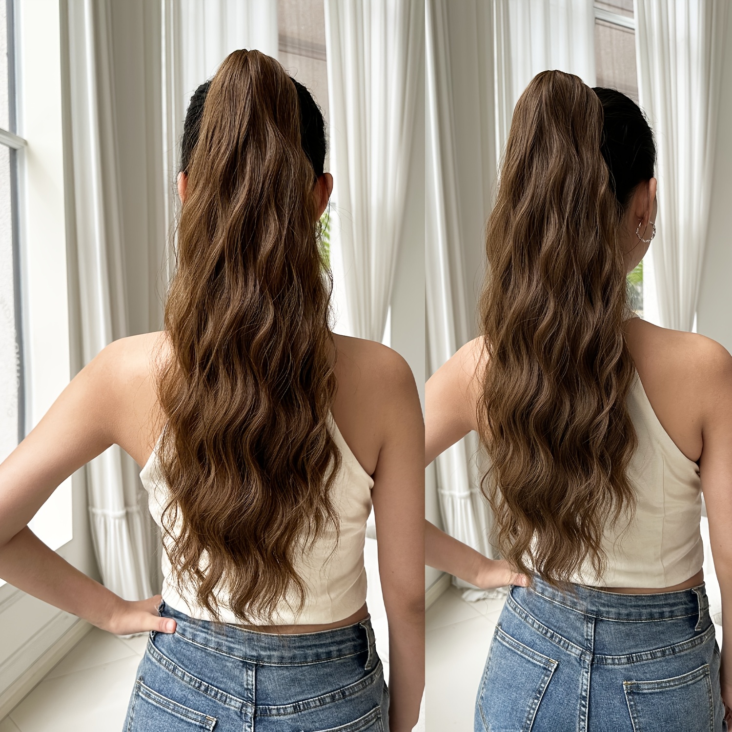   womens 24 inch long wavy drawstring ponytail extension high temperature fiber synthetic hairpiece for daily use details 1