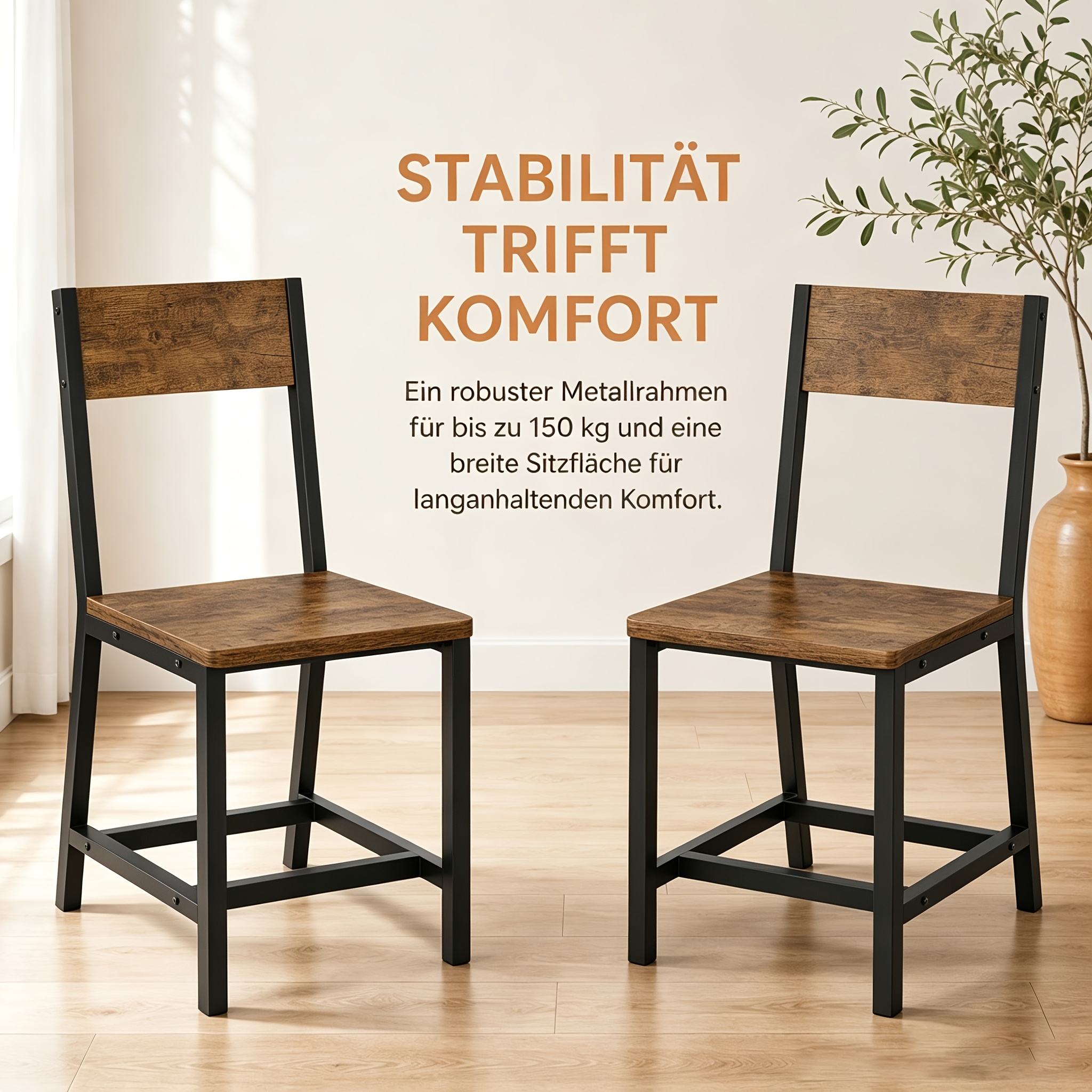 Image of Dining Chair Set 2/4, Vintage Look Kitchen Chairs With Ergonomic Backrest, Metal To 150 Kg Load Capacity, Armless Dining Chairs For Kitchen, Dining & Living Room