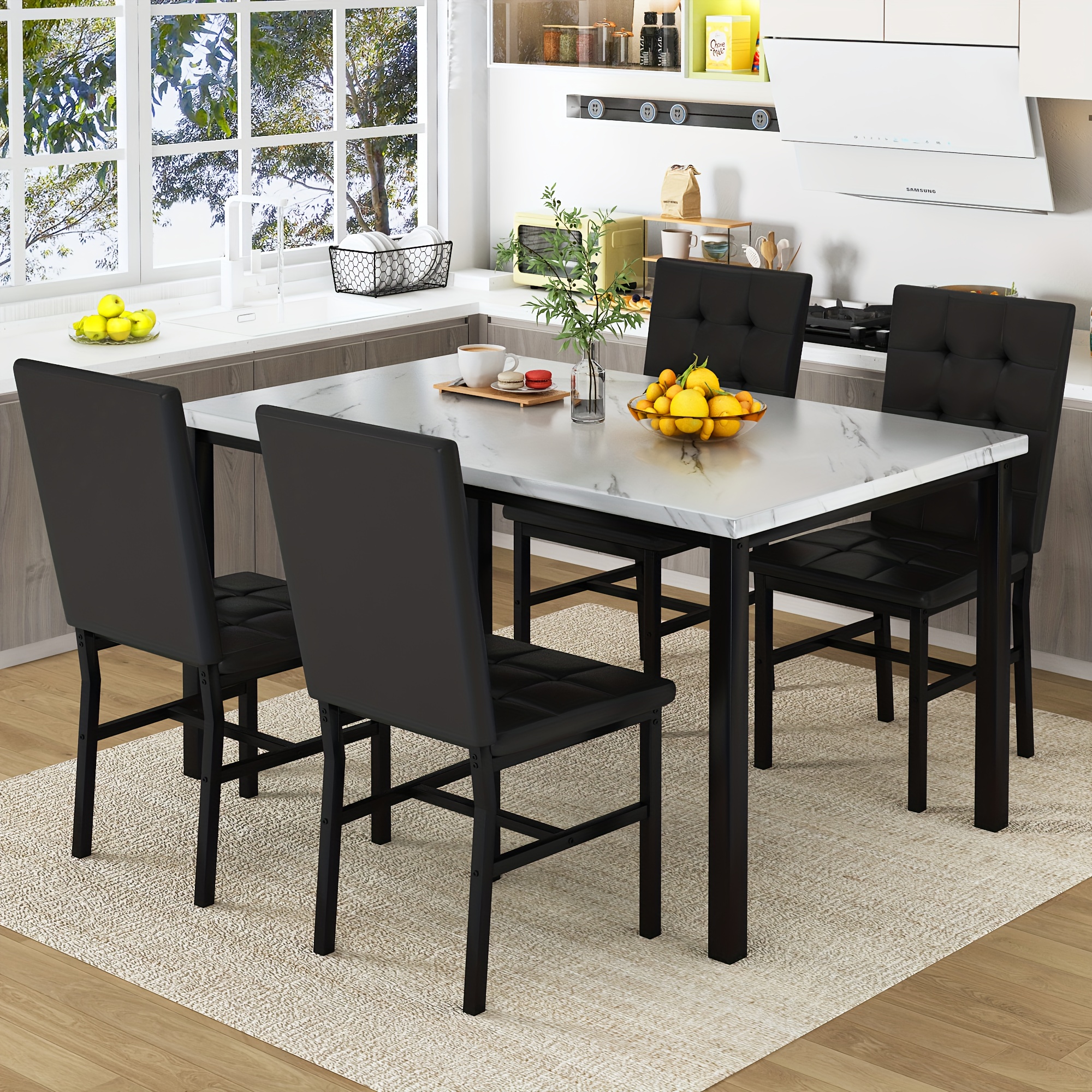 LAMERGE 5pcs Of Dining Table Set, Dining Room Table Set Can Be Used By 4 People, Kitchen Table Set, 1 Artificial Anti-marble Pattern Table And 4 Metal Legs Chairs, Suitable for Living Room, Dining Room, Kitchen Furniture