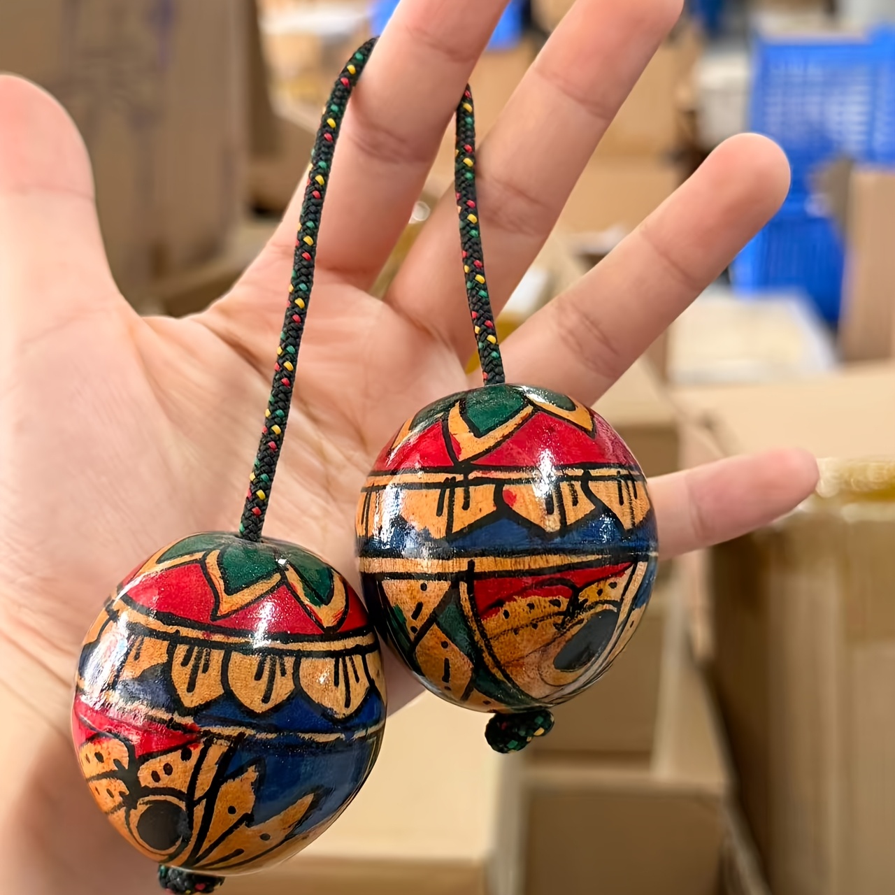 TEMU Hand-painted Colored Wooden Ball Solid Color Ball Rhythm Sand Ball, Double Ball Percussion Instrument, Ethnic Style Painted Wooden Sand Ball,