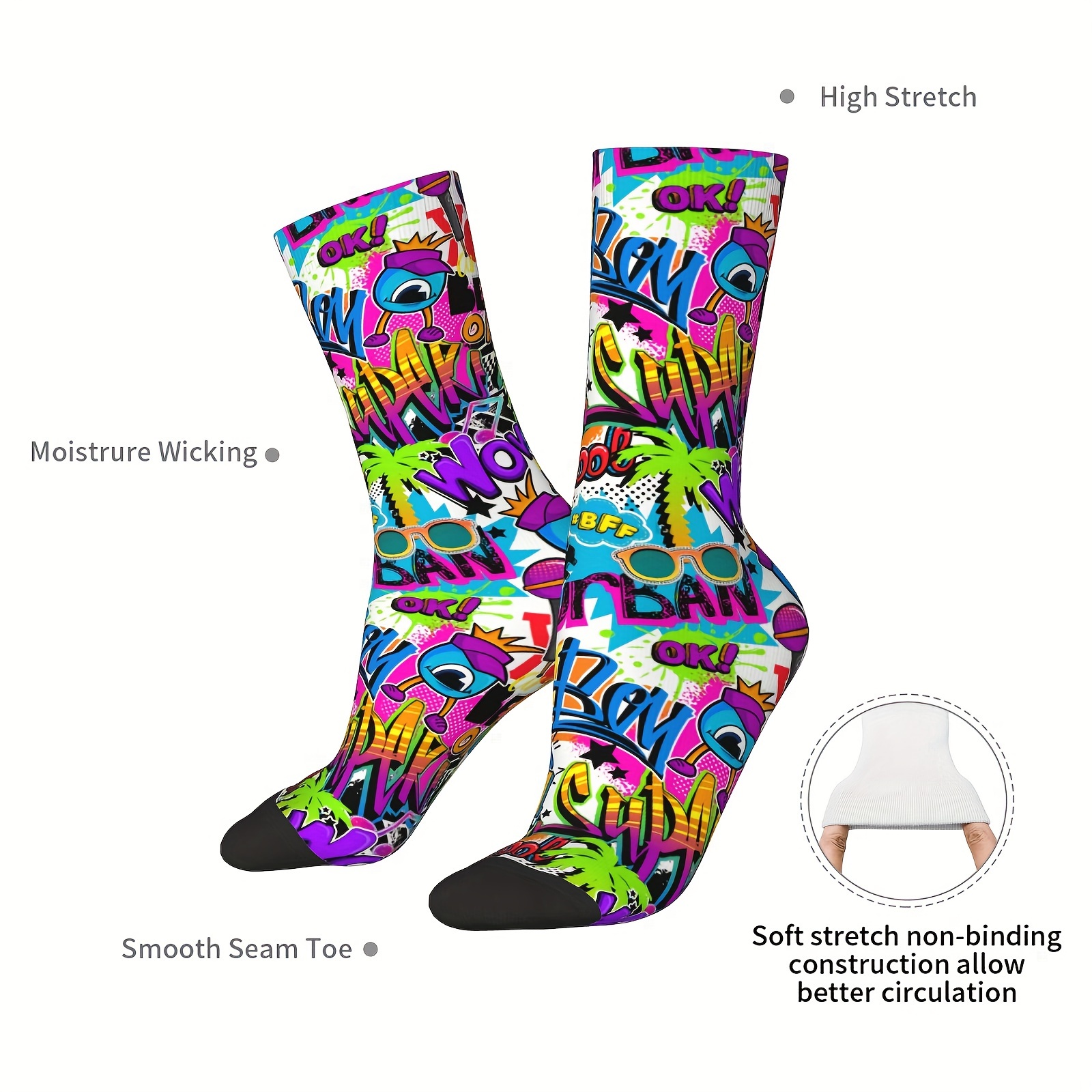 

1 Pair Polyester Knit Fabric Crew Hosiery With Graffiti Art, Palm Tree & Roller Design, 95% Polyester 5% Elastane, Moisture Wicking, High Stretch, Smooth Seam Toe, Hand Wash - Hip Hop Novelty Gift