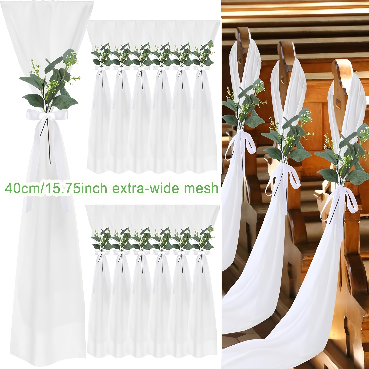 Image of 12 Set Wedding Chair Decoration Ceremony Chiffon Chair Sashes Cover With Ribbon And Artificial Eucalyptus Leaves Stems Greenery Church Pew Tulle Bows For Wedding Bride Shower Aisle Decor