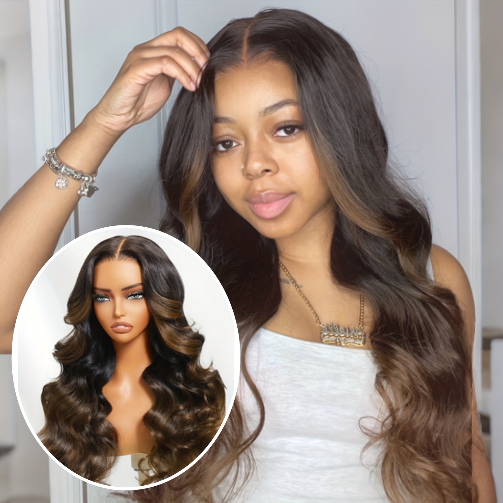 Image of Ombre Brown Middle Part Body Wave With Dark Root Synthetic Hair Long Colored Ombre Brown Wig Glueless Hd Hair Wigs For Women Daily Cosplay