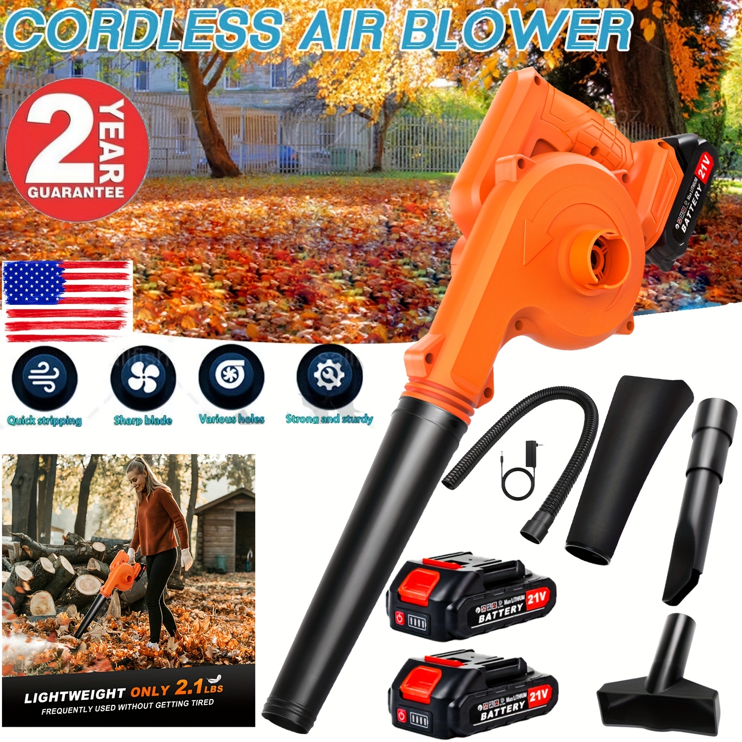 

Wireless Electric Blower 21v, With 2 Sets Of Batteries And Charger, -one Handle Electric Blower And Vacuum Cleaner, Suitable For Lawn Care, Yard, Garage, Dust, Snow Blowing, Pet Hair