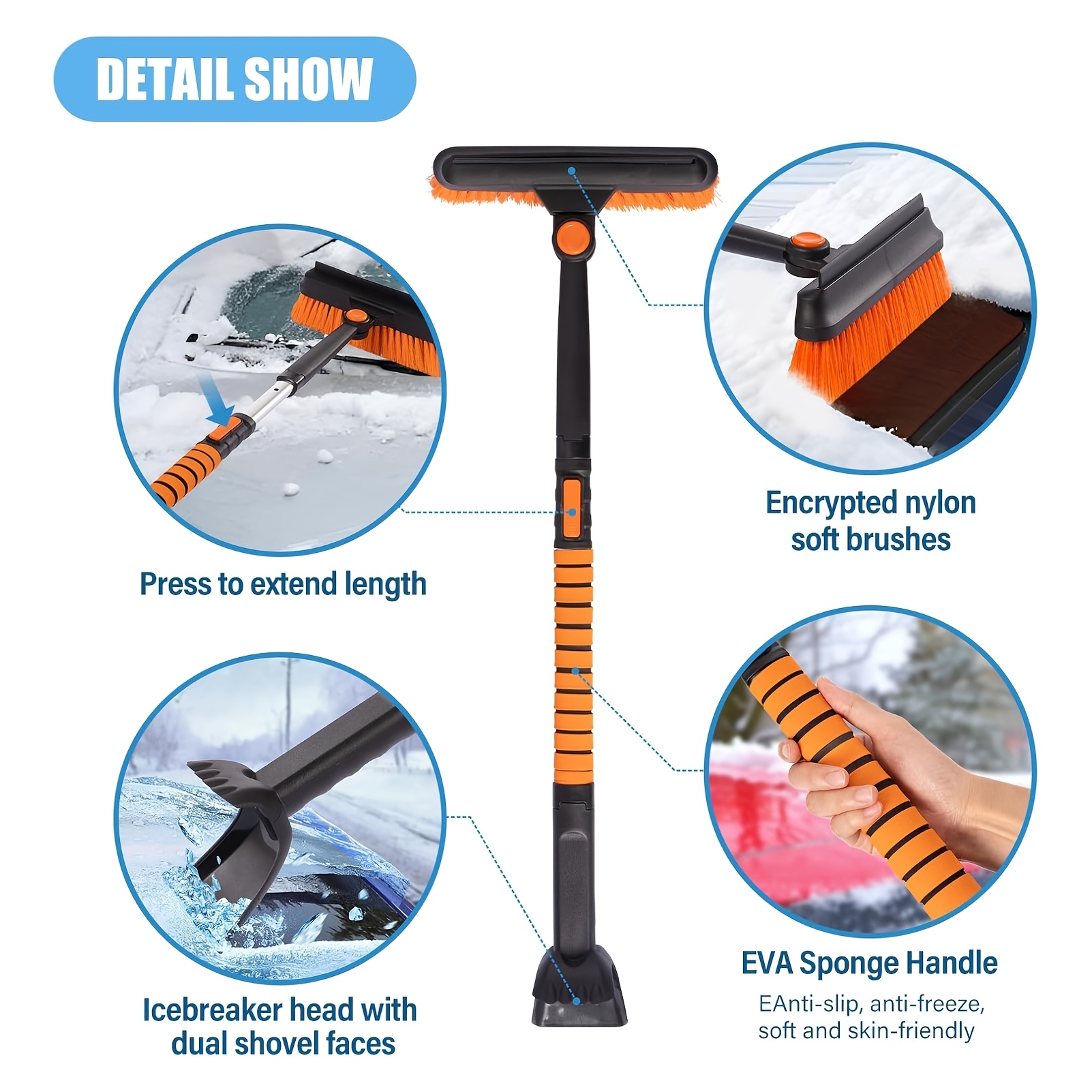 Kit Balai et Pelle à Neige 5-en-1 | Extensible à 270° avec Poignée en Mousse, Grattoir à Glace pour Pare-brise de Voiture, Essentiels d'Hiver, Urgence pour Voiture, Camion, SUV - MOTOMATE