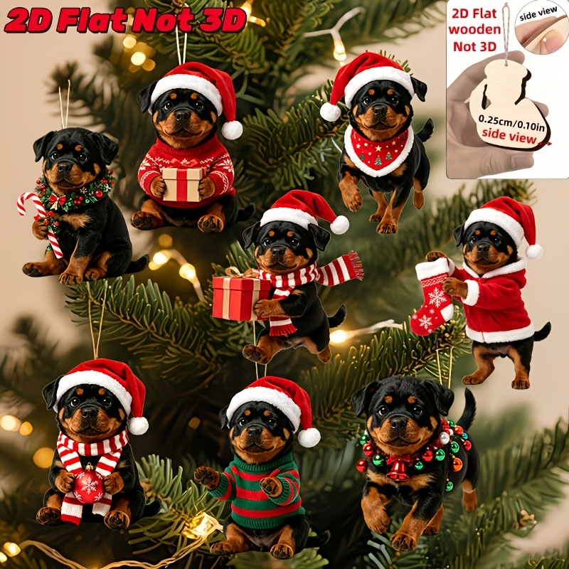 TEMU 2D Plat - Ensemble de 8 décorations de Noël en rotweiller mignons et puissants, habillés différemment - 2D Plat, pas 3D | , fabriqué en bois |