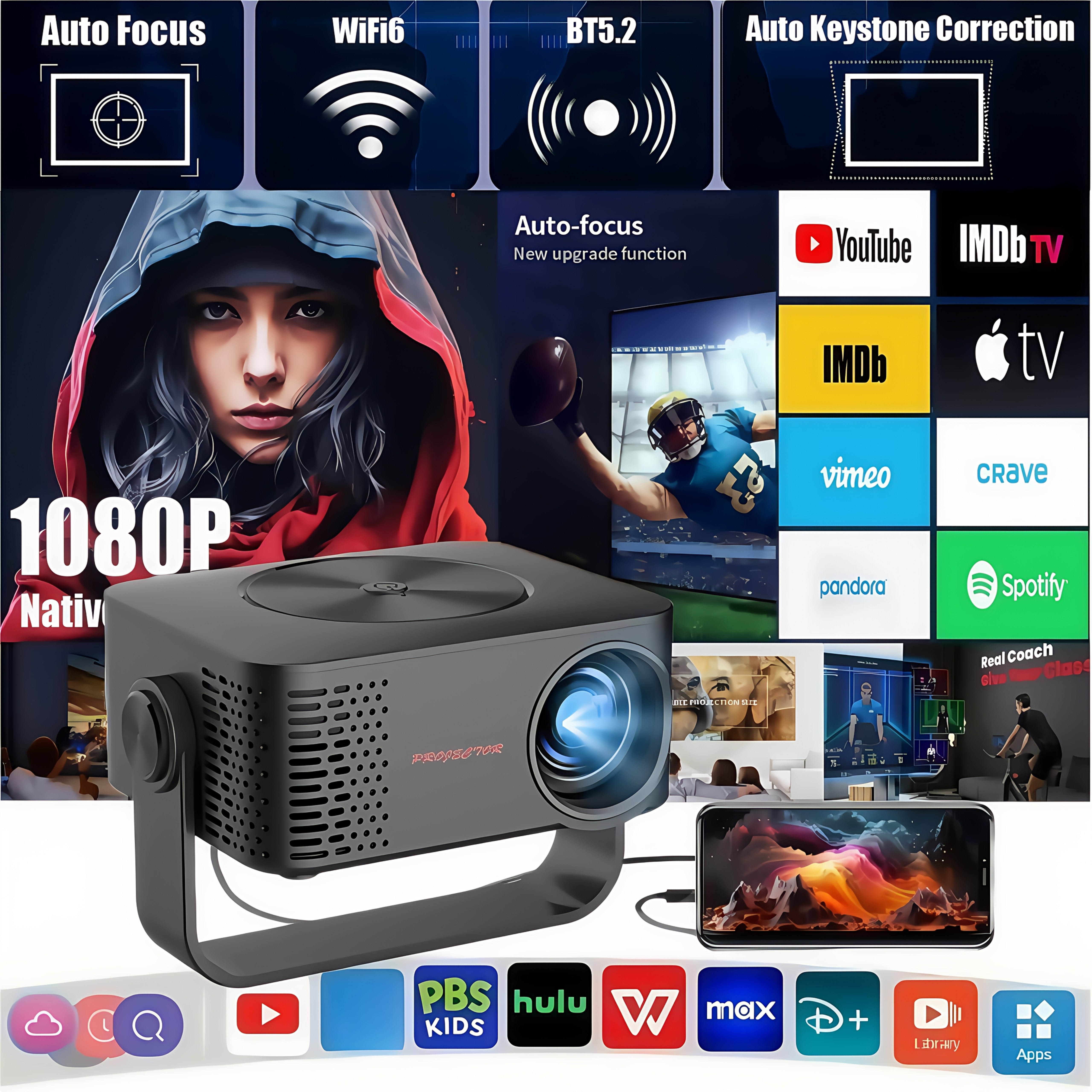 TEMU Smart Projector With Android 11.0 Os, 4k Support & Wifi 6/wireless 5.0, 1080p Native Resolution, 180° Rotation, Built-in Speakers, Smart Tv