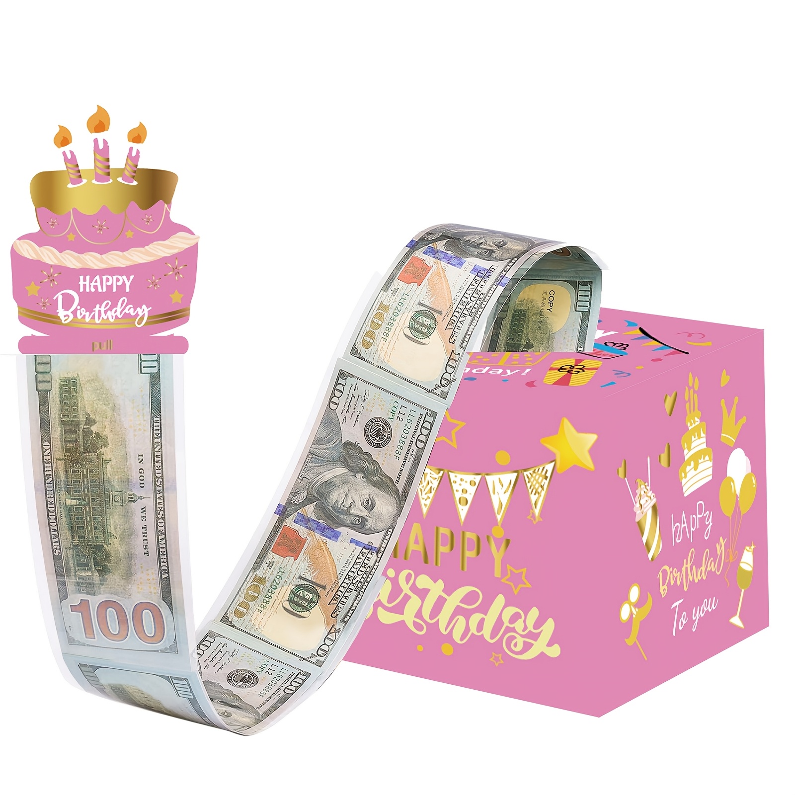 生日抽钱礼盒，粉色女孩惊喜现金礼品盒，搭配 50 个透明袋，是一种有趣又温馨的生日现金送礼方式