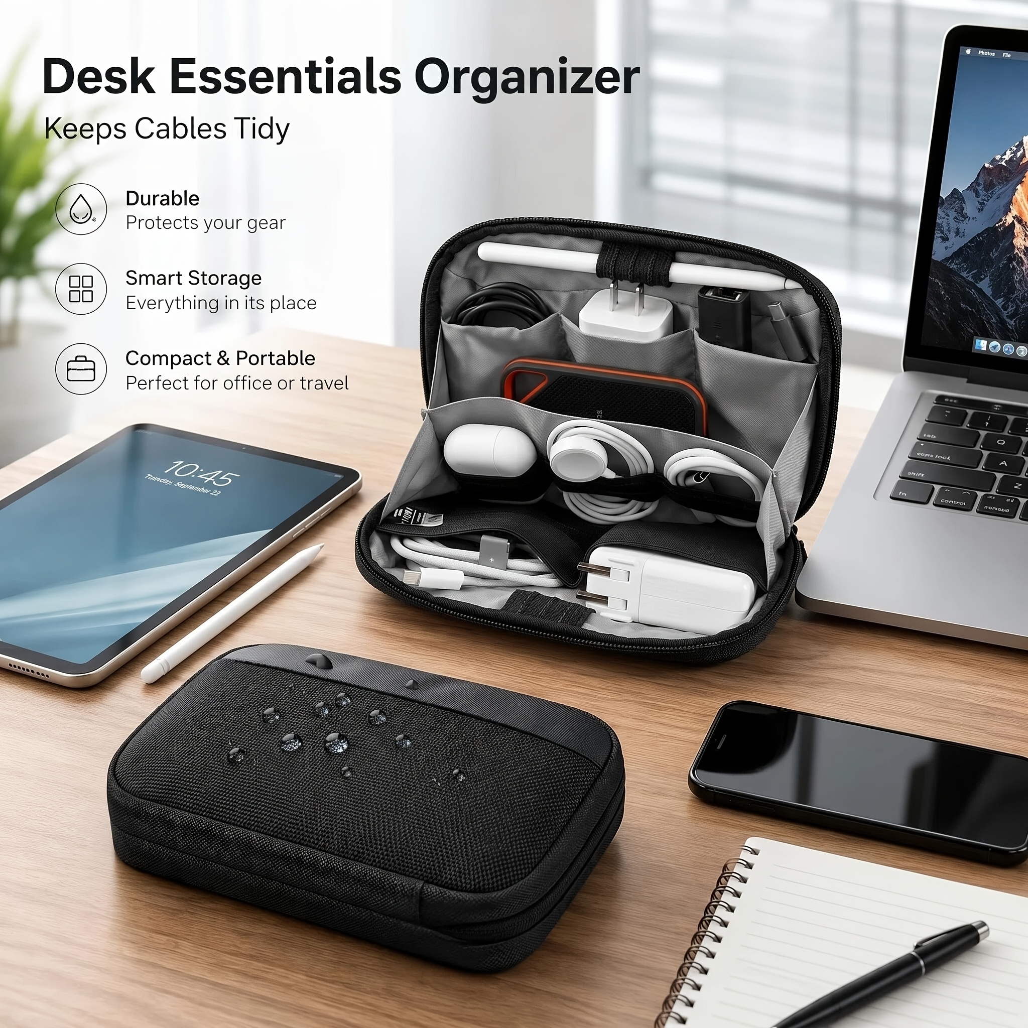 TEMU Large Capacity Electronics Organizer Bag, Durable Multifunctional Foldable Electronic Accessories Storage Case, Black Portable Cable Organizer
