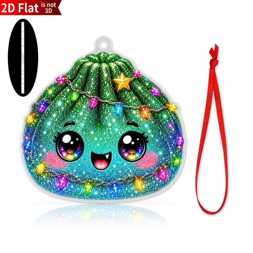 TEMU 2d Flat - 1pc A Cute, Glittery Green Dumpling-shaped Christmas Ornament - A 2d Flat Acrylic Piece With A Red Hanging Cord - Suitable For