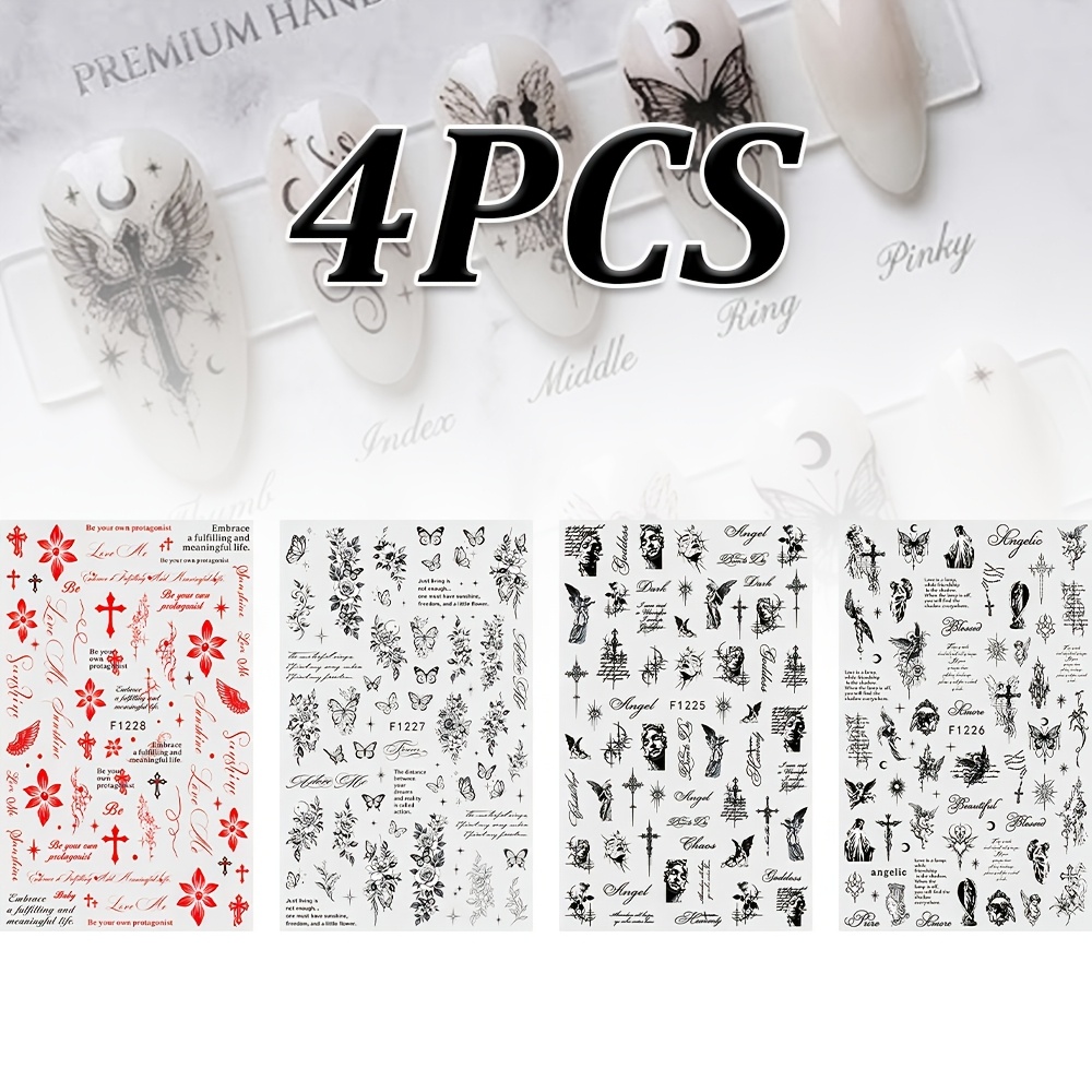 Image of 4 -themed Nail Stickers Featuring Flowers, Butterflies, Sketch Lines, Handwritten English Letters, Crosses, Angels, And The , Blending Gothic With A Sweet And Cool Y2k Nail .