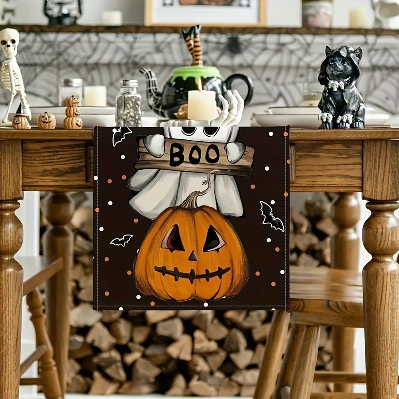 

Halloween Table Runner - Woven Polyester Decorative Rectangle Table Linens With Polka Dots, Ghost, Pumpkin, Cat, Bats Design For Seasonal Fall Kitchen Dining Decor, Home Party Decoration