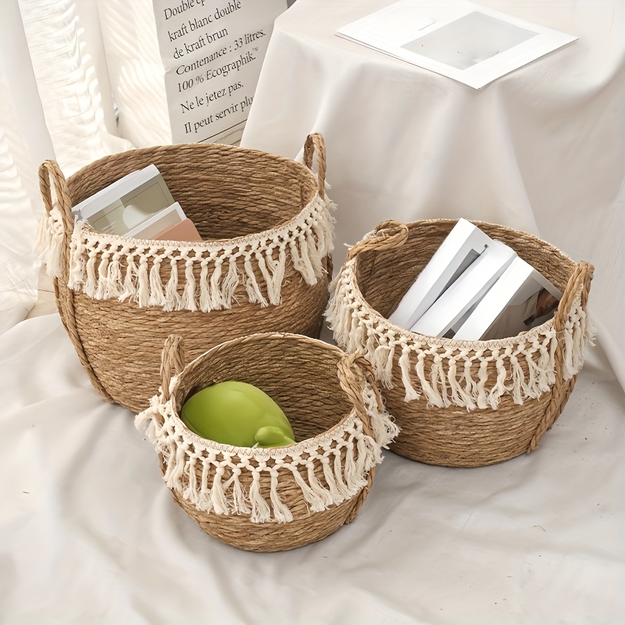 3pcs Round Storage Baskets designed with Lace, Natural Decorative Braided Rope Baskets with Handles for Shelves Blankets Organizing, Storage Basket Planters, Boho Decor for Entryway, Living Room, Bedroom, Fall decorations for home, Laundry Baskets