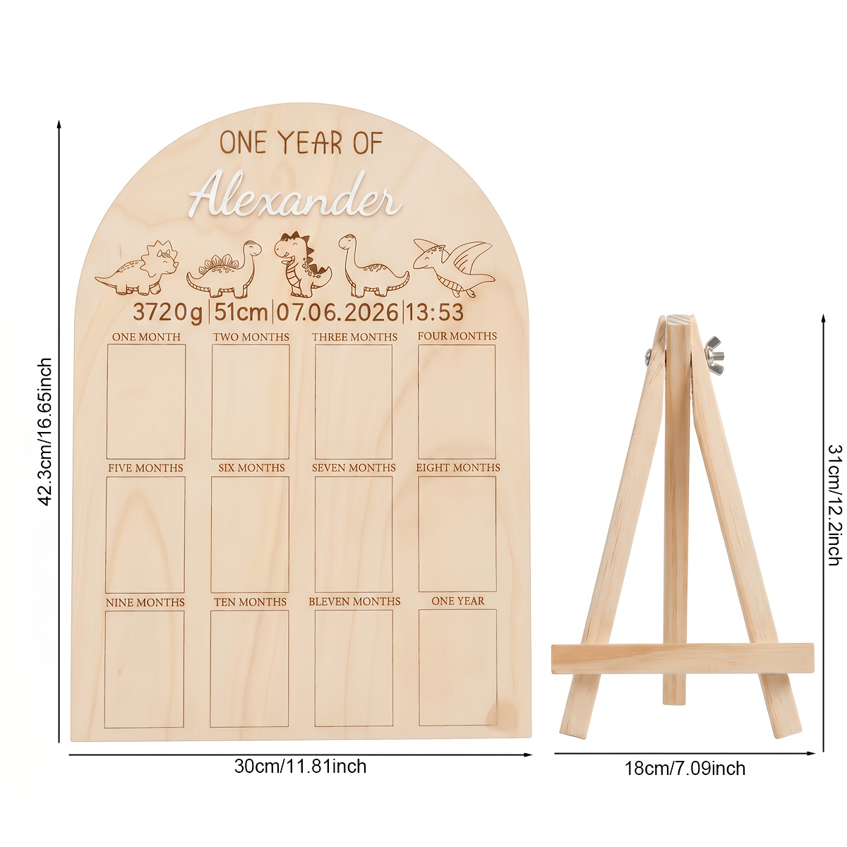 TEMU 2d Flat, 2pcs/1set Personalized 1st Birthday Board With Base - Custom Name & Birth , 12 Photo Slots Photo Frame Suitable For Dinosaur Theme