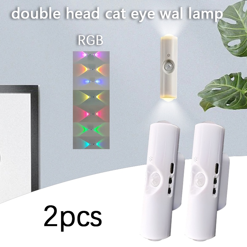E-shop 2er-Set weiße Dual-Head Katzenaugen-Bewegungssensor-Wandleuchten mit RGB- und Dreifarbenbeleuchtung, geeignet für Wohnheime, Wohnzimmer,