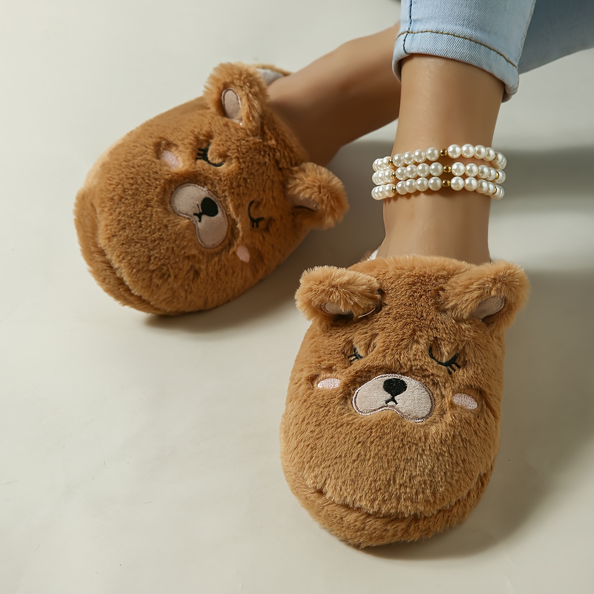 

Cozy Cartoon Bear Plush Slippers For Women - Soft, Warm Indoor Shoes With Non-slip Tpr Sole, All