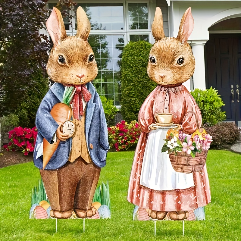 

2pcs Easter Yard Signs With Stakes, 39" Large Bunny Easter Lawn Decorations, Outdoor Easter Decorations, Waterproof Easter Lawn Stakes For Easter Garden Lawn Decorations