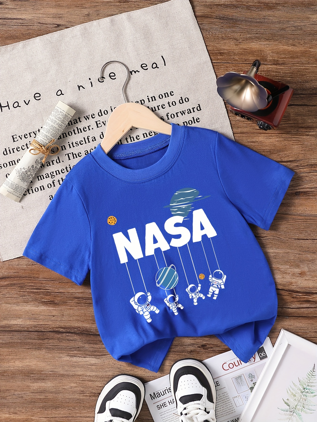 Boys' NASA Logo Astronaut Print Cotton T-Shirt Space-Themed Short  Sleeve Shirt with Planets NASA Balloon Characters for, Casual Summer