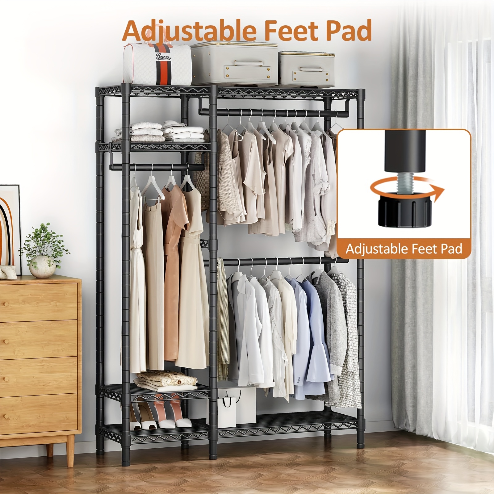 TEMU Heavy Duty Metal Garment Rack - 700lb Capacity Wardrobe Closet Organizer With 4-tier Shelves, Wide 45" Standing Clothing Rack, Space-saving