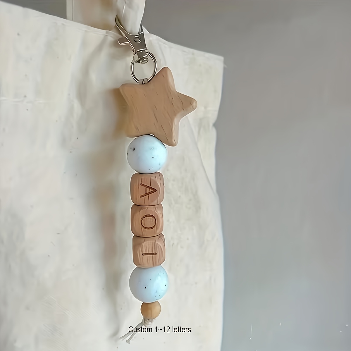 TEMU 1pc Customizable Wooden Name Keychain, Personalized Bag Charm With Heart Bead Decor, Back To School Christmas Halloween Mother's Day Birthday