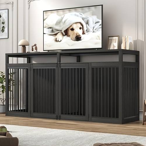 87in farmhouse style dog crate tv stand wooden dog kennel furniture with 2 doors large capacity for tube 4 lockable doors