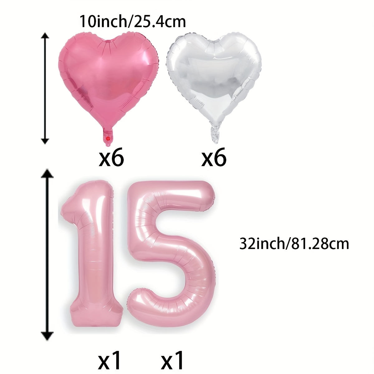 Pink Number 15 Balloon With 10-inch Pink Silver Heart Balloons 32-inch Pink Number Balloon Digital Balloon 15 For Girl 15th Birthday Anniversary Wedding Graduations Party Decorations