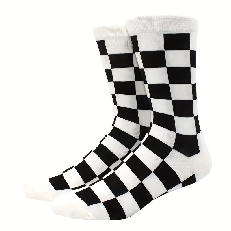 

1 Pairs Of Men's Knitted Cotton Mixed Color Black And White Plaid Pattern Crew Socks, Comfy & Breathable Fashion Socks, For Gifts, Parties And Daily Wearing