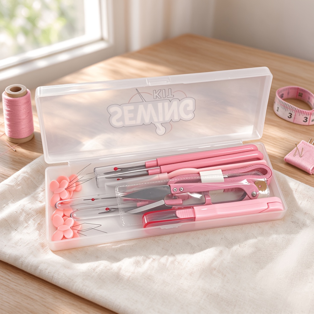 TEMU Pink Sewing Tool Kit With Storage Case, Needle Threaders, Thread , Seam , Soft Measuring Tape, Hand Embroidery Cross Stitch Needlework Supplies