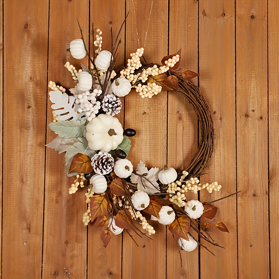 

Thanksgiving & Autumn - 1pc Artificial Maple Leaf, White Pumpkin & Pine Cone Wreath For Front Door, Hallway, Outdoor Yard, Farmhouse Style Home Accent