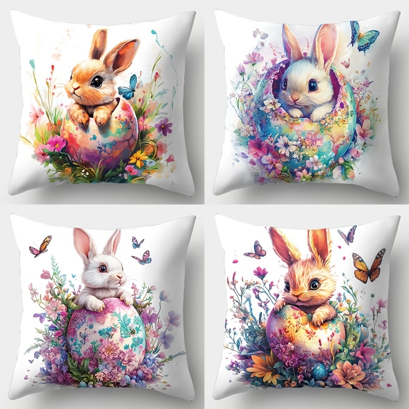 

Ensemble de 4 Housses de Coussin pour de Pâques - Design Coloré Lapin & Floral, Polyester , Fermeture Éclair - pour Canapé, Lit et Décoration Maison (17.72" x 17.72")