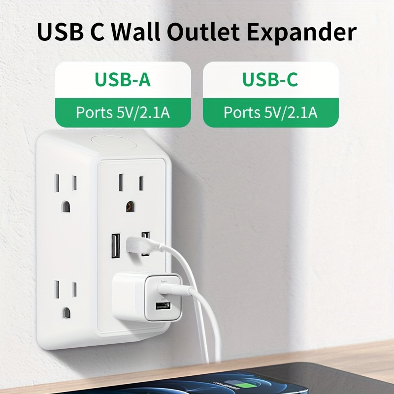 

1pc 9-in-1 Usb C Wall Outlet Expander With 2 Usb-a Ports & 1 Type-c Port, 6 Ac Outlets, Compact Multi-plug Extender, Easy-to-carry For Home, Office, And Travel Use