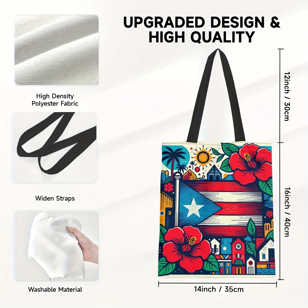 TEMU 1pc, Lightweight And Foldable, Puerto Flag And Floral Print Large Capacity Tote Bag, Reusable Grocery Bags For Shopping, Travel, And Everyday