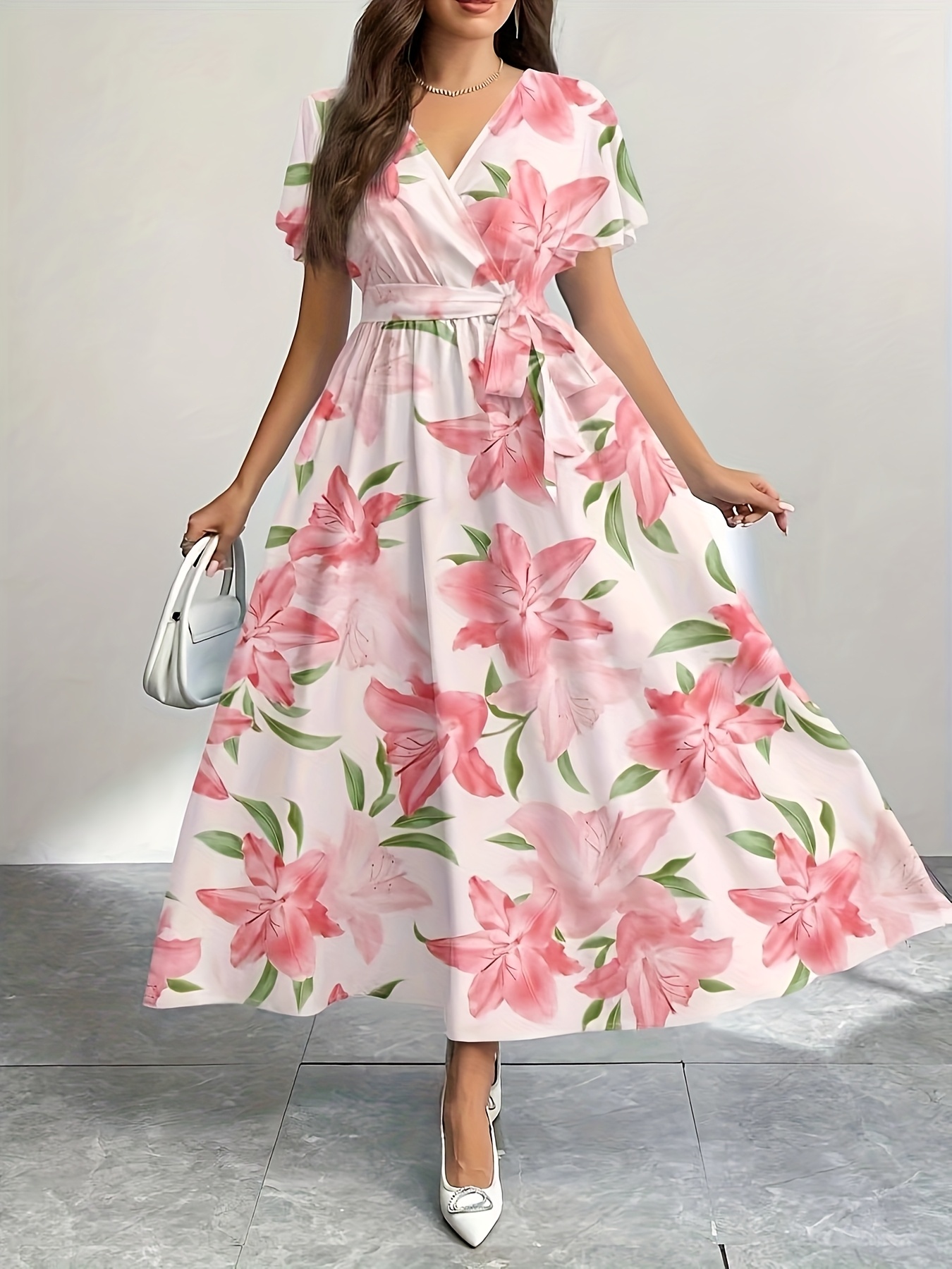 elegant pink floral print v neck maxi dress women summer Temu