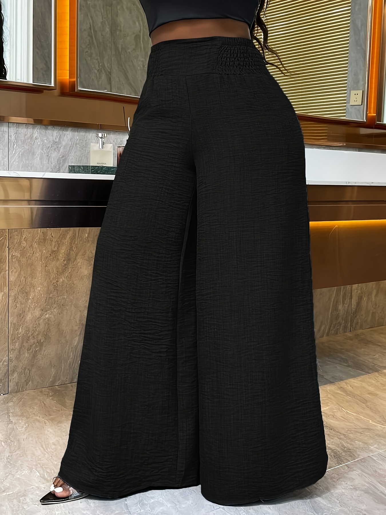 Women'S Casual Wide Leg Pants, Elastic Waist, Solid Color, Polyester 100%, Loose Fit, Long Length, Woven Fabric, 200g/m², for Spring/Fall, Weekend Casual Wear