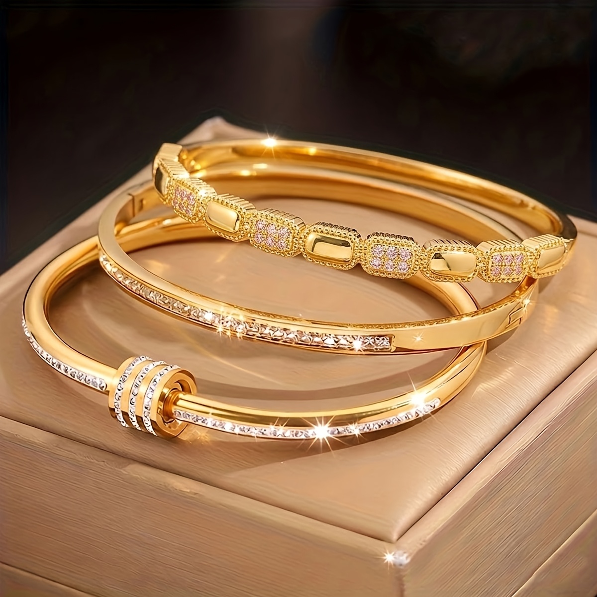 TEMU 3pcs Sparkling Round Bead Design Anti-oxidation & Anti-deformation Women's Copper-plated Stainless Steel Bracelet Set Perfect For Parties, Daily