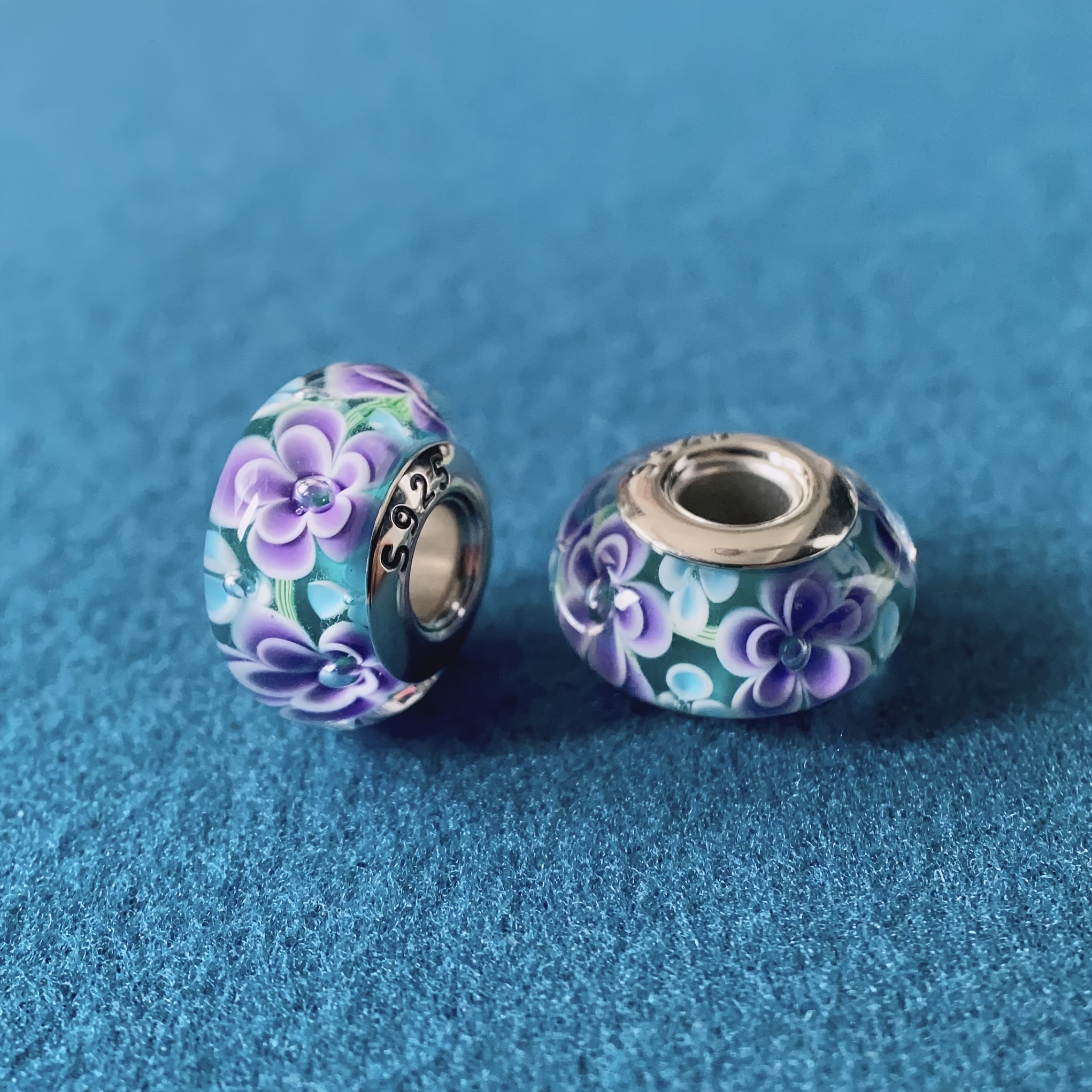 

925 Sterling Silver Elegant Glass Bead Charms - Handcrafted Lavender Flower Beads, Daily & Gift , Fits All