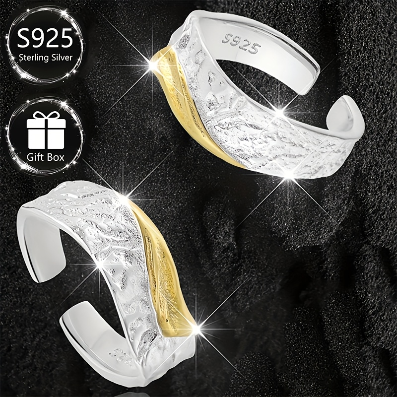 Adjustable Open Ring 925 Sterling Silver Textured Two Tone Irregular Geometric