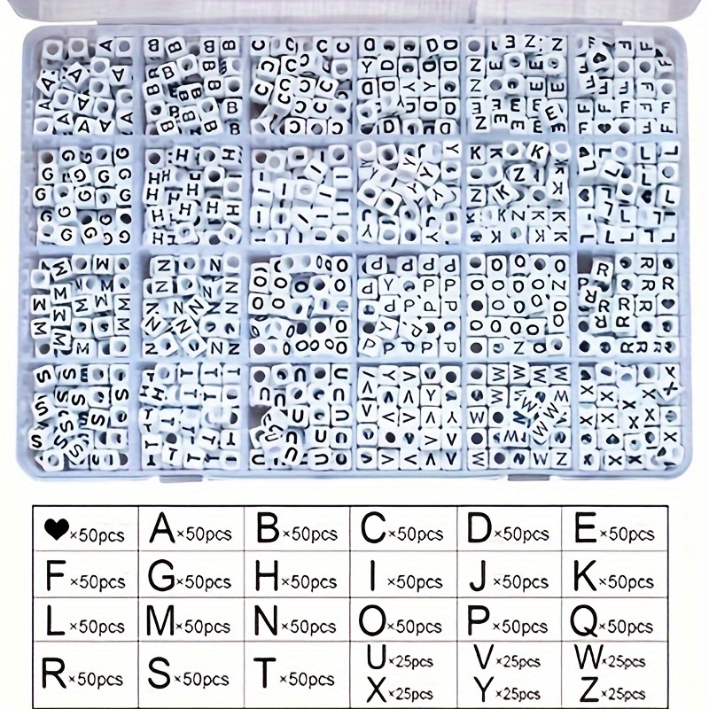 

1200pc Square Alphabet Beads Kit - 6x6mm White & Black Acrylic Letter & Heart Charms With Clear Elastic Cord For Diy Jewelry Making, Bracelets, Necklaces, Keychains
