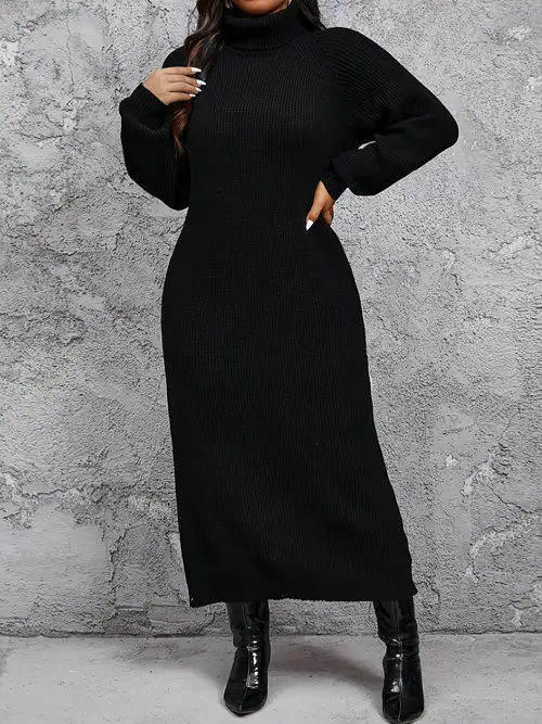 Plus Size, Plus Size Women's Elegant High Neck Dress - Long Winter Dress with Ribbed Collar, Solid Color Fall/Winter Wedding Guest Church Outfits, Hand Washable Sweater Gown (No Dryer Care) Plus Size, Plus Size Women's Elegant High Neck Dress - Long Winter Dress with Ribbed Collar, Solid Color Fall/Winter Wedding Guest Church Outfits, Hand Washable Sweater Gown (No Dryer Care)