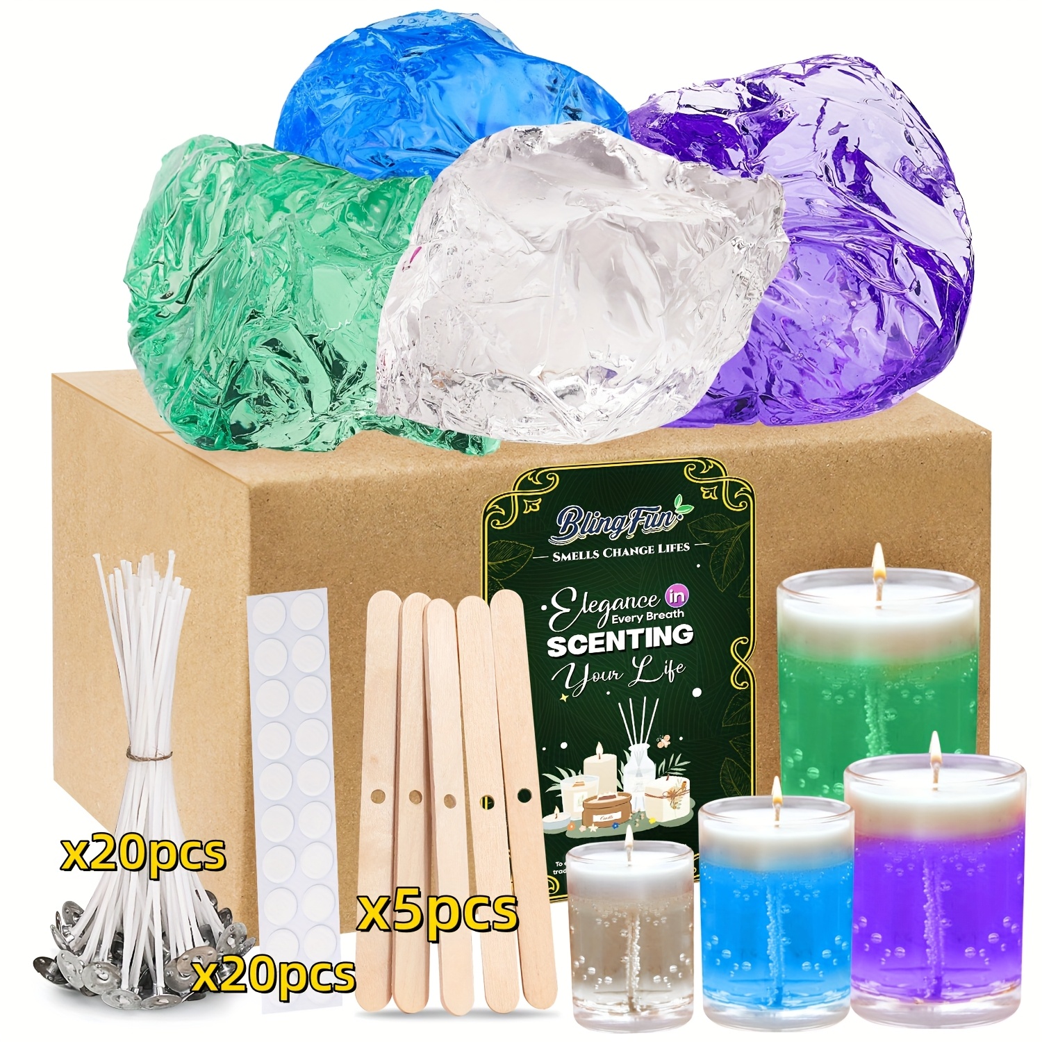 Image of Blingfun Gel Wax Candle Making Kit, With /400g Jelly Wax For Candle Making, 20pcs Wax Wicks & 20pcs Stickers, 5pcs Wick Holders For Gel Scented Candle Making, Home Decor, Craft Projects