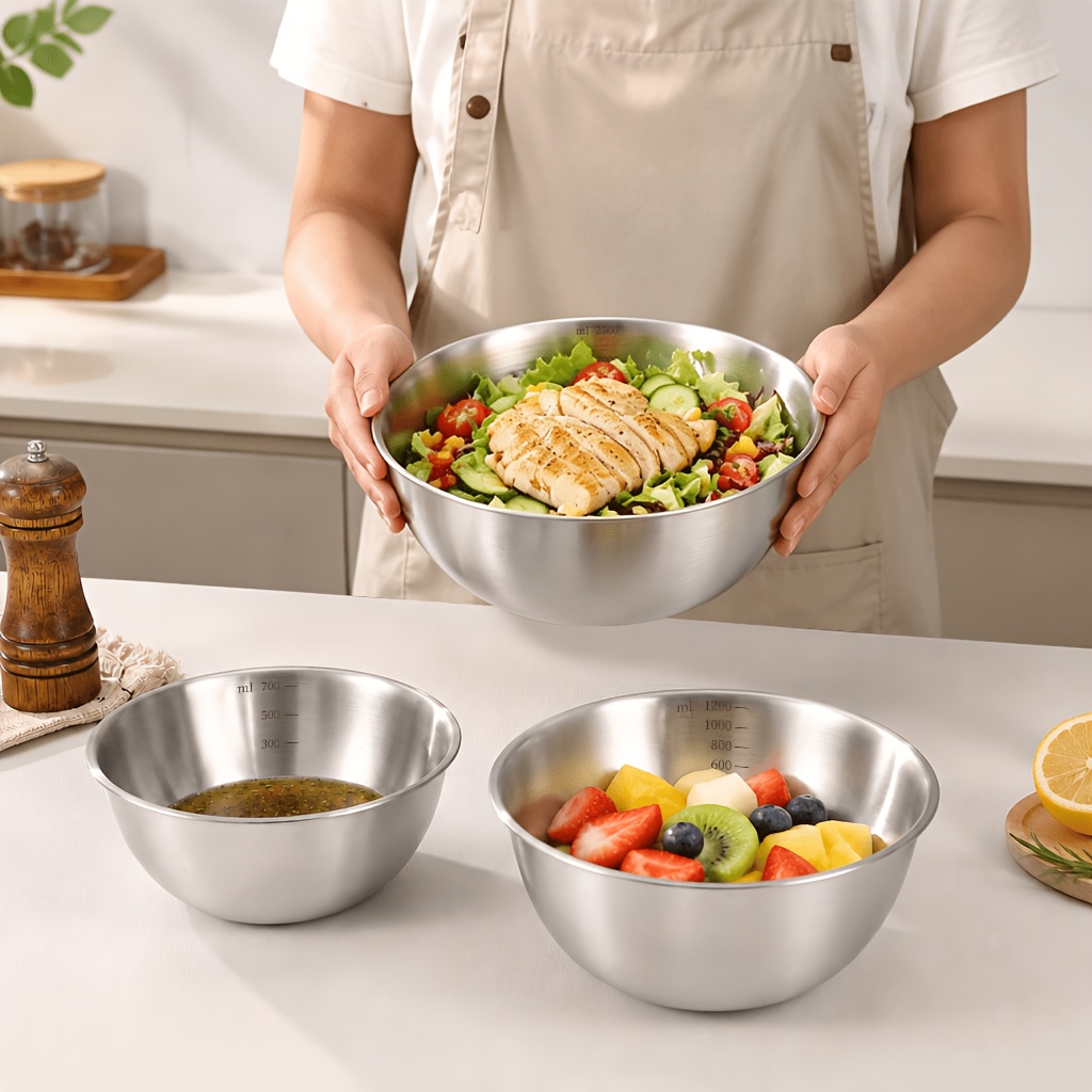 TEMU Set Of 3 Sizes Stainless Steel Mixing Bowls With Scales, Large Capacity Durable Mixing Bowls, Scratch-resistant, Cooking, Baking, Mixing Or