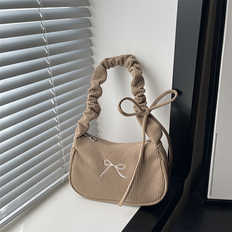 TEMU Women's Corduroy Single-shoulder Handbag With Bow Embellishment & Adjustable Strap - Crossbody/shoulder Bag, Zipper Closure, Soft Corduroy