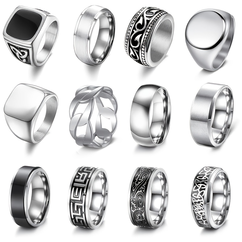 TEMU 12pcs Men's 304l Stainless Steel Vintage Ring Set, Carved Celtic Silvery Band Ring Set, Men's Ring Jewelry Gift For ' Birthdays