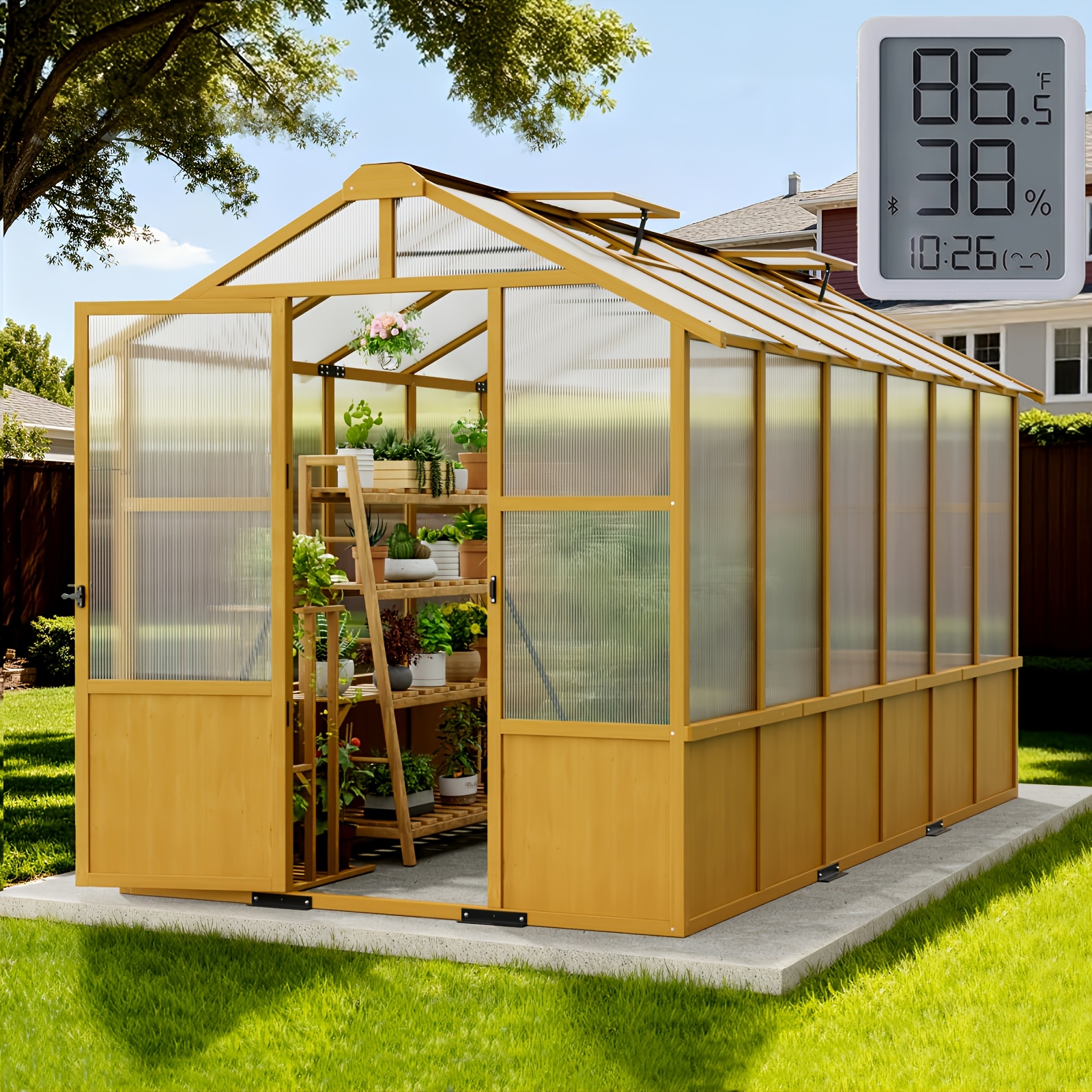 6x8 6x10 6x12ft outdoor wooden greenhouse with hygrometer heavy duty walk   house with ventilated window and lockable door for backyard patio